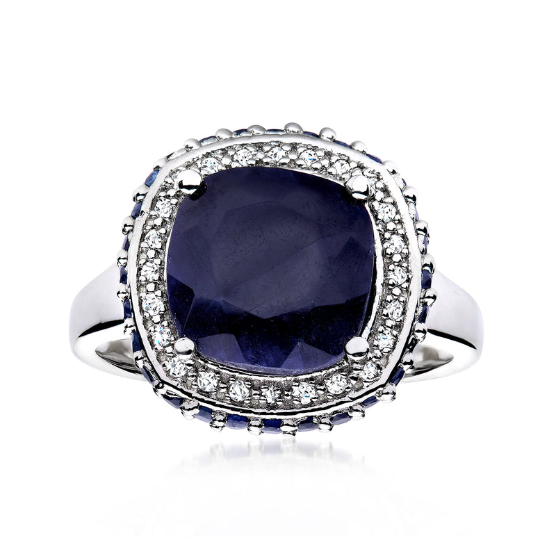 Sterling silver ring with cushion-cut sapphire and white topaz halo