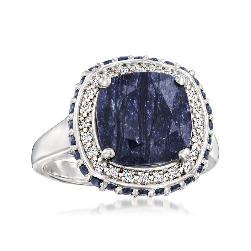 Sterling silver ring with cushion-cut sapphire and white topaz halo