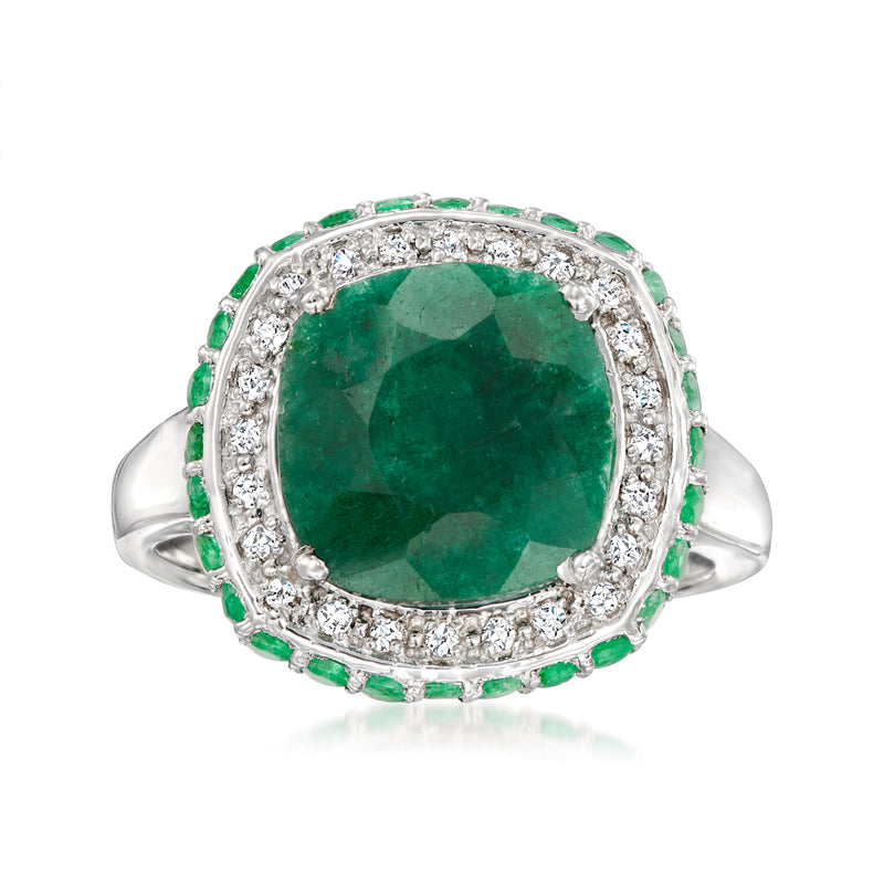 Sterling silver ring with emerald-cut green emerald center and white topaz halo
