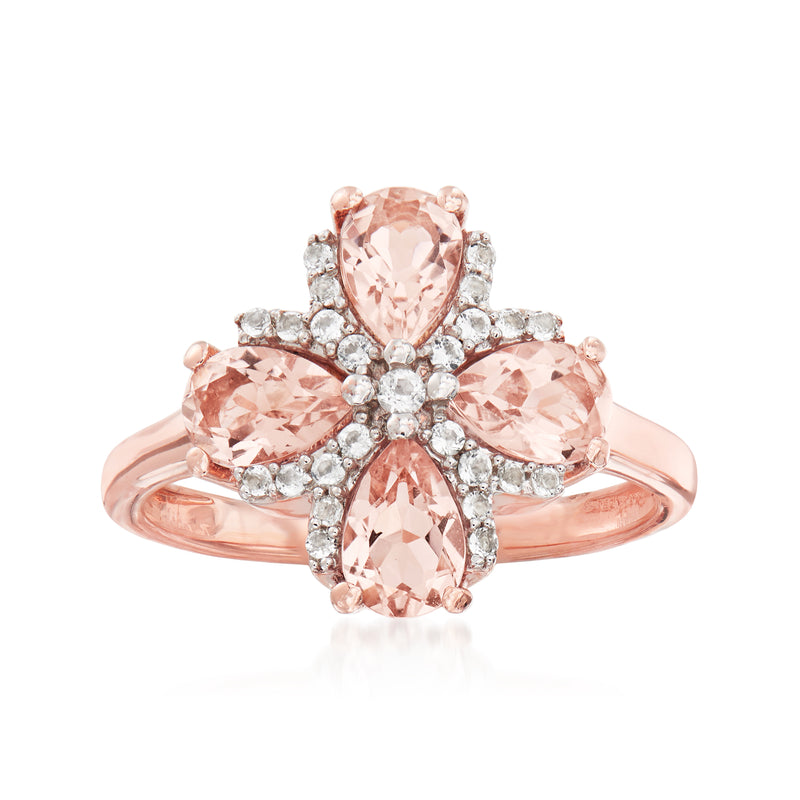 Rose gold ring with pear-cut morganite center, pink stones and white topaz accents