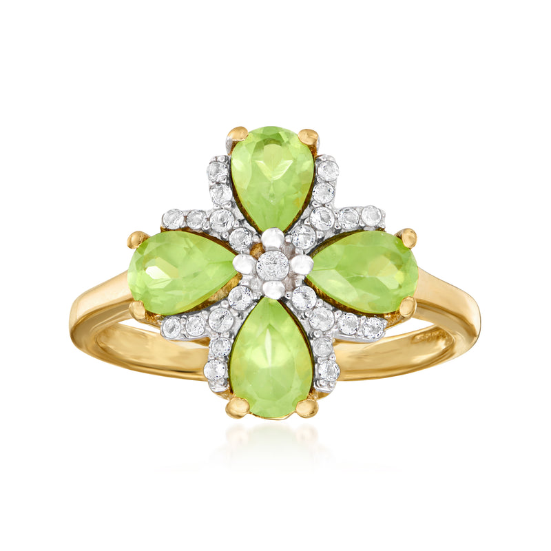 Gold over sterling peridot flower ring with three green teardrop stones and white accents