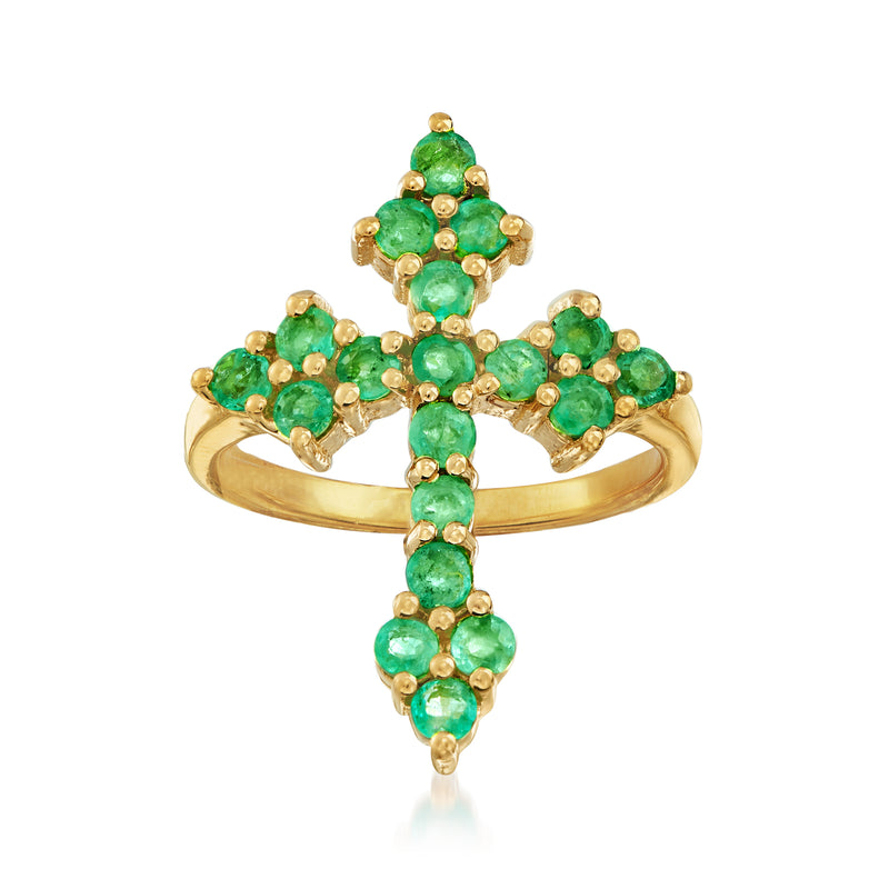 Gold-tone cross ring with clustered green emerald-style gemstones
