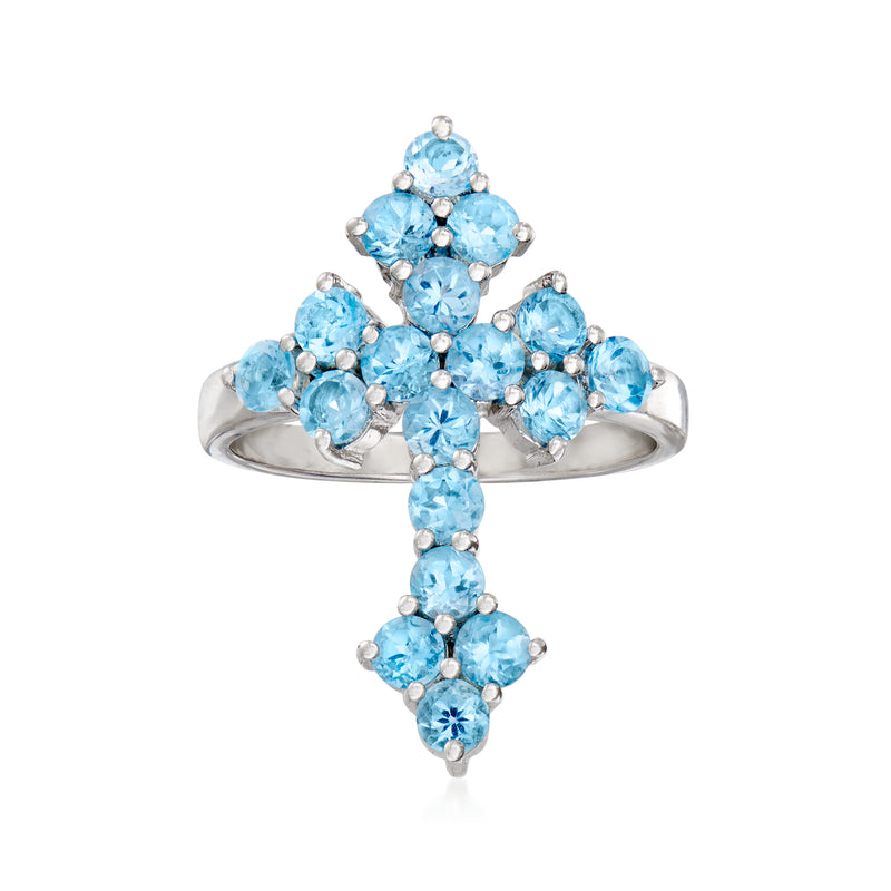 Sterling silver cross ring with oval Swiss blue topaz gemstones