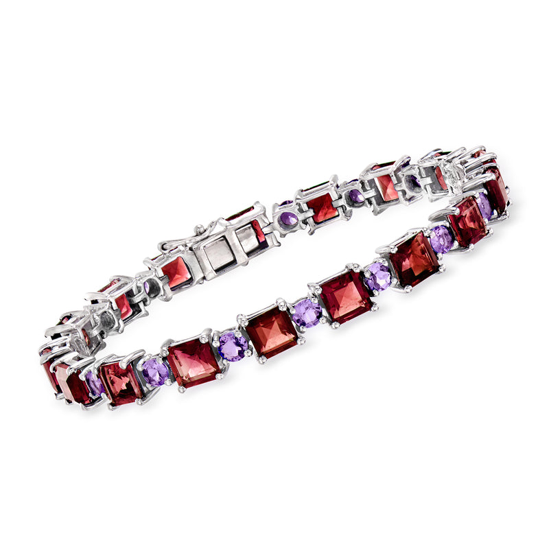 Sterling silver tennis bracelet with red garnet and purple amethyst gemstone squares