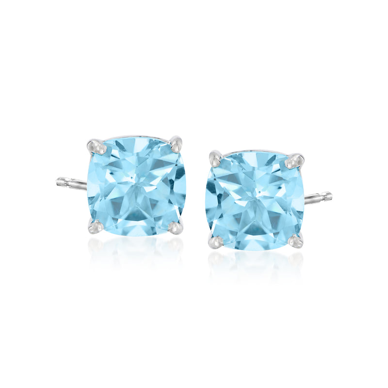 Sterling silver stud earrings with sky blue cushion-cut topaz, four-prong setting