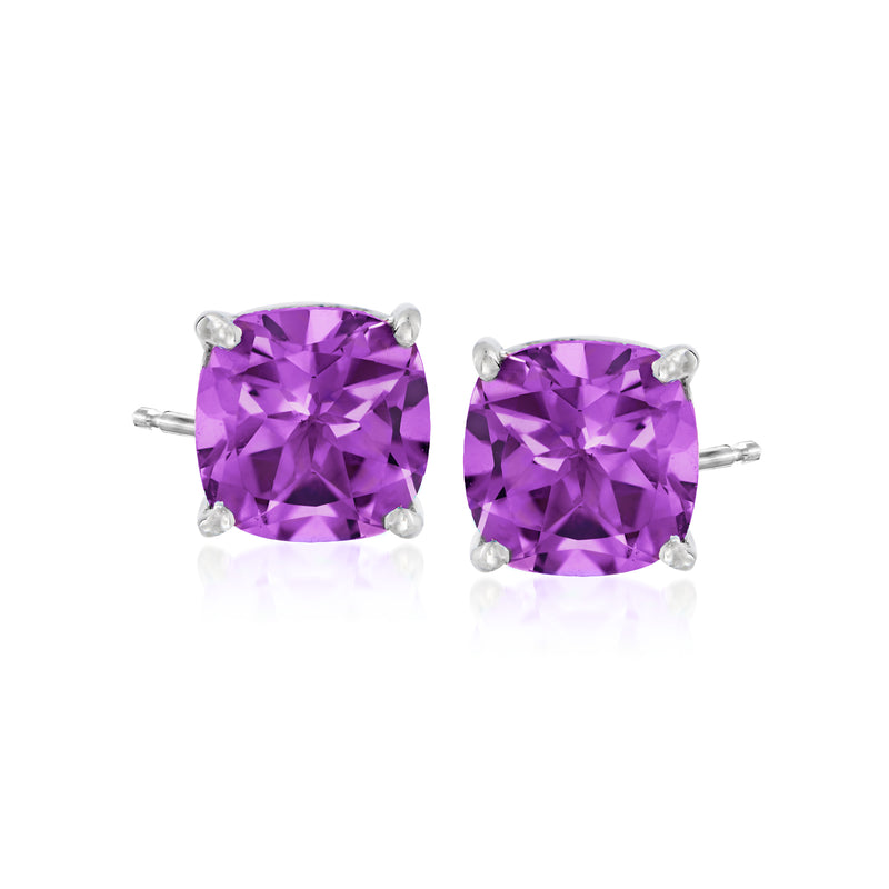 Sterling silver amethyst stud earrings with cushion-cut purple stones, four-prong setting