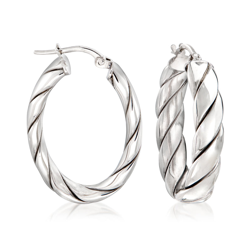 Italian sterling silver twisted oval hoop earrings with twisted rope design and hinged clasp