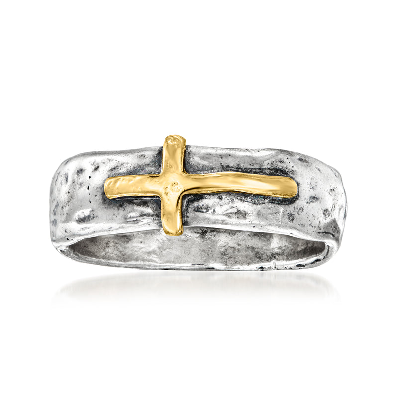 Sterling silver ring with sideways yellow gold cross centerpiece