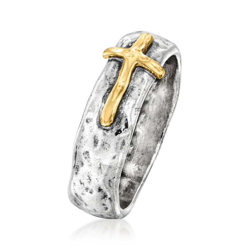 Sterling silver sideways cross ring with yellow gold cross detail