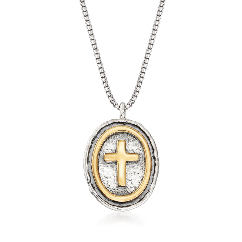 Sterling silver and 14kt yellow gold oval cross pendant necklace with cable chain
