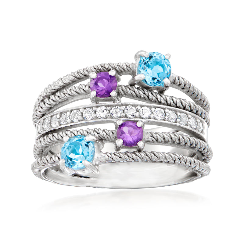 Multi-gemstone ring in sterling silver with sky blue and purple stones on braided bands