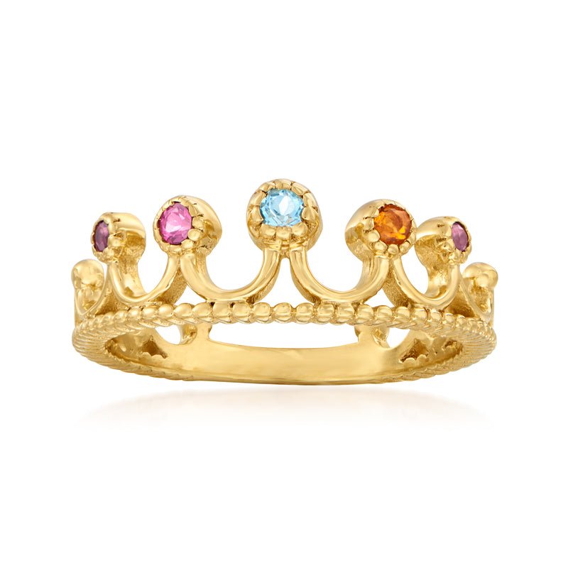 Gold crown ring with round multi-gemstones in purple, pink, blue, and orange settings
