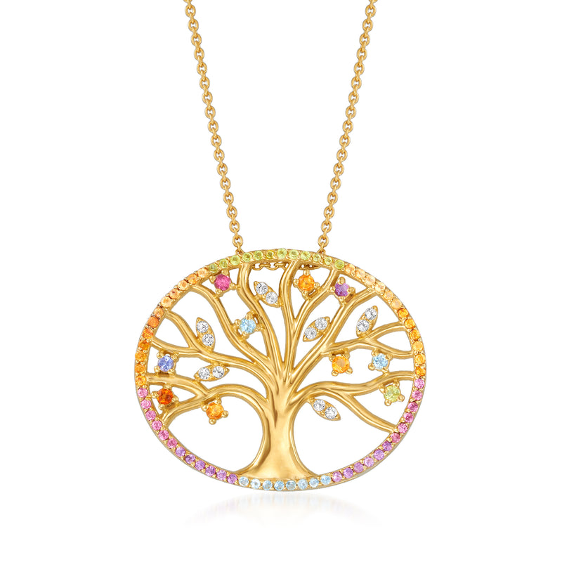 Tree of Life pendant necklace, oval gold with multicolor gemstone branches