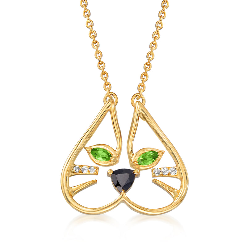 18kt gold over sterling cat face necklace with green eyes, black center, clear stones