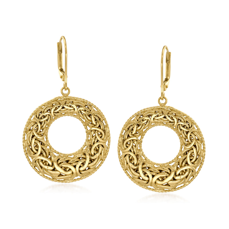 Gold-tone Byzantine open-circle drop earrings with leverback hooks, round filigree rings