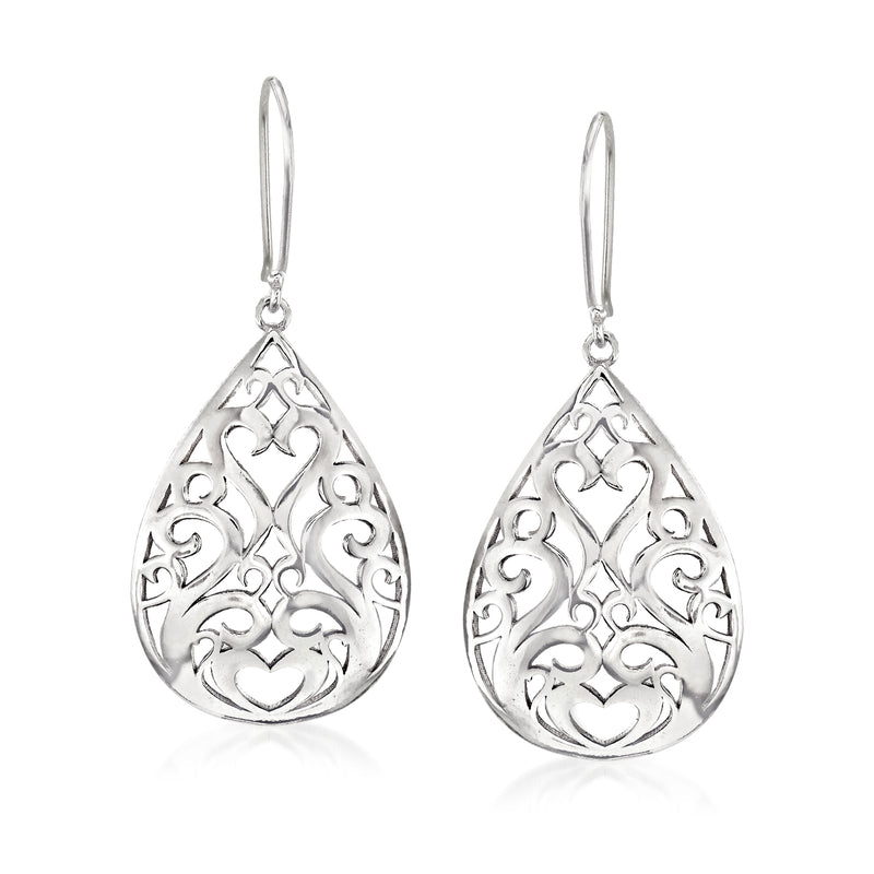 Sterling silver openwork teardrop earrings with earwires, ornate cutout design