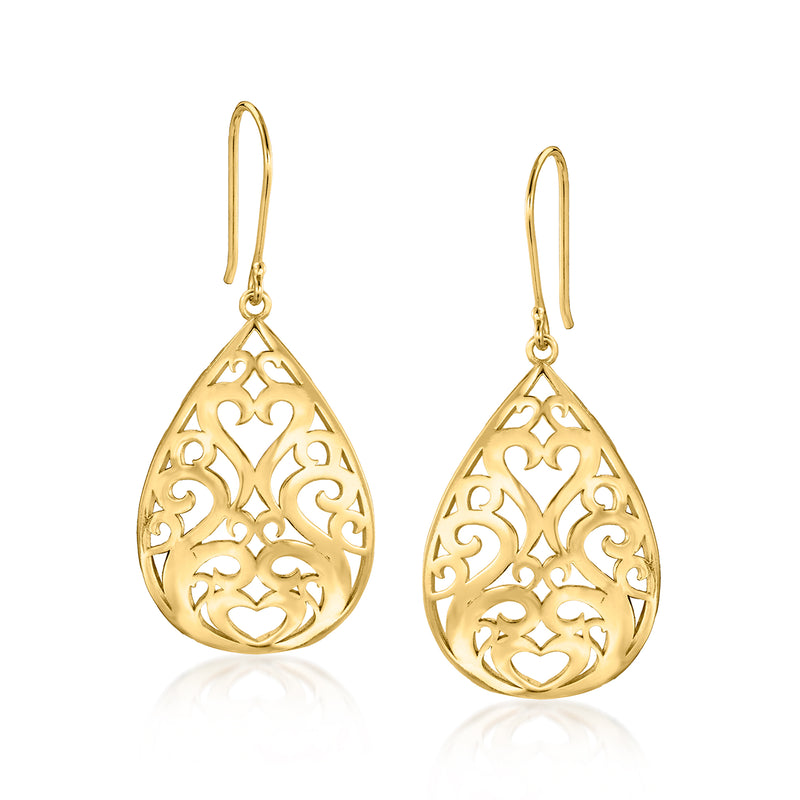 Gold-tone openwork teardrop drop earrings with ornate filigree on earwire