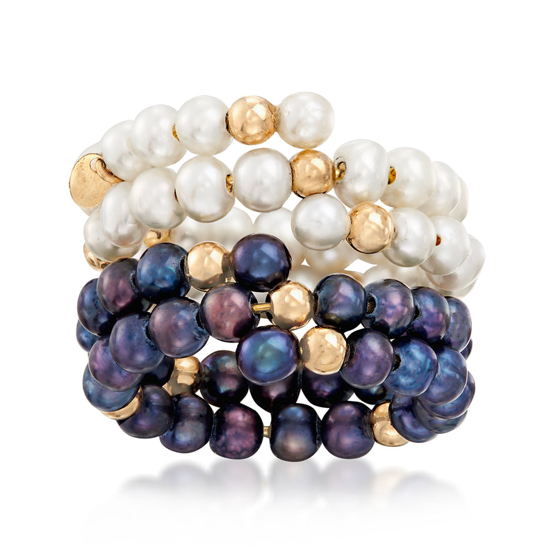 Cultured pearl wrap jewelry set with two beaded bands: white pearls, dark iridescent pearls, gold accents