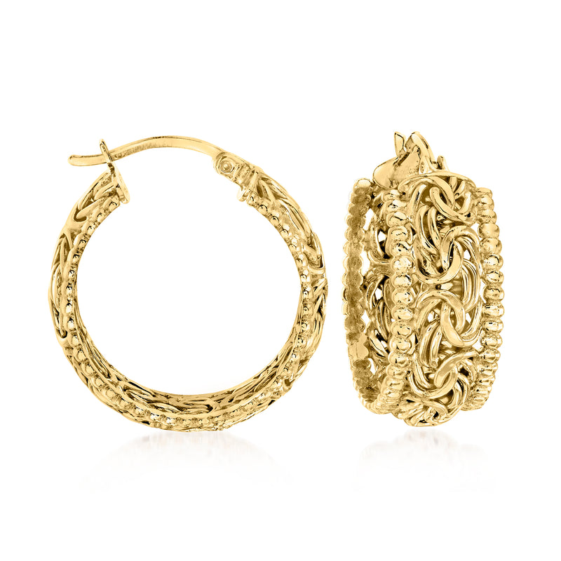 18kt gold over sterling hoop earrings with beaded Byzantine edge, textured oval pair
