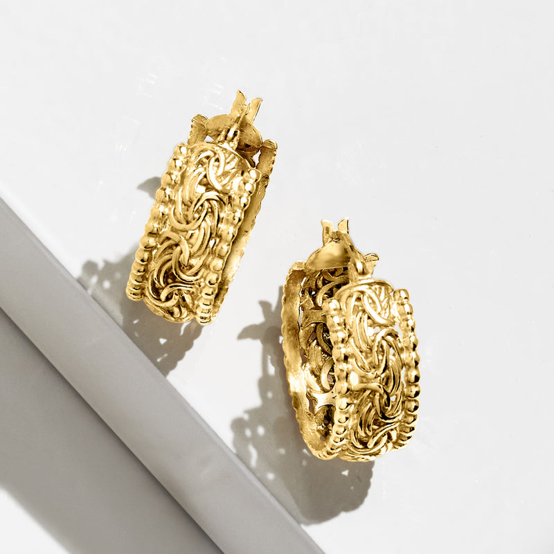 Gold over sterling Byzantine hoop earrings with beaded edge, textured oval pair