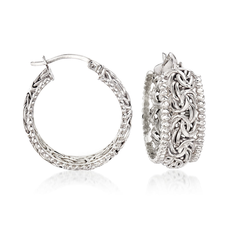 Sterling silver beaded-edge Byzantine hoop earrings with textured chain detail