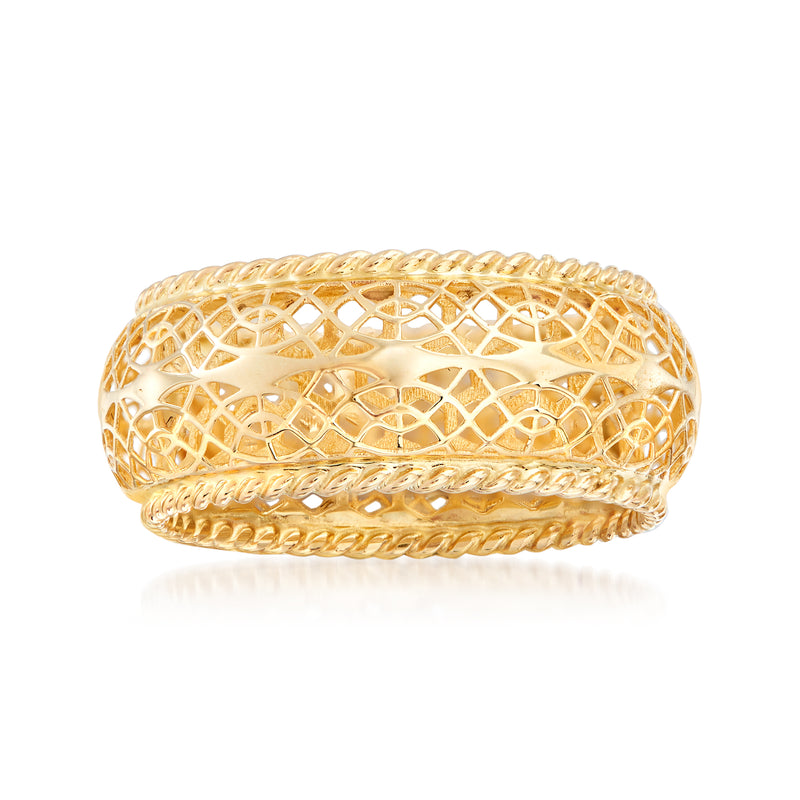 14kt yellow gold openwork ring with diamond lattice band, wide design