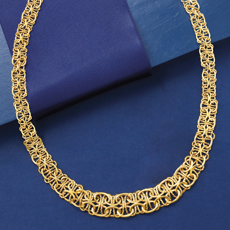14kt yellow gold graduated Byzantine chain necklace with curved scalloped front