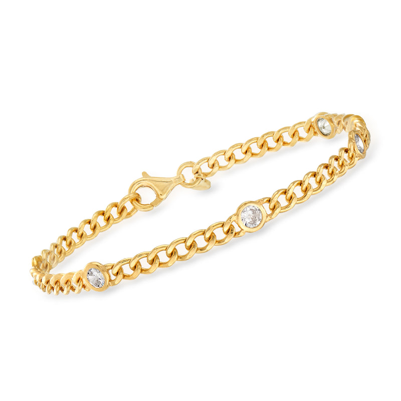 Gold over sterling curb-link bracelet with round CZ stones, chain links