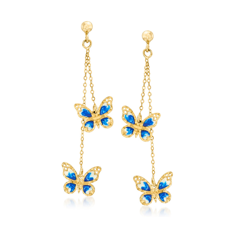 14kt yellow gold drop earrings with blue and white enamel butterfly charms