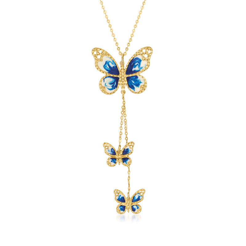 14kt yellow gold butterfly necklace with blue and white enamel, three butterflies