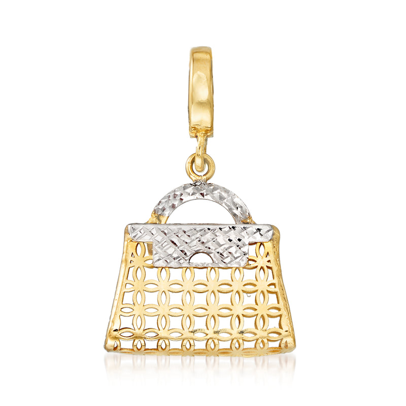 Two-tone 14kt gold purse pendant with lattice cutout and clear stone top