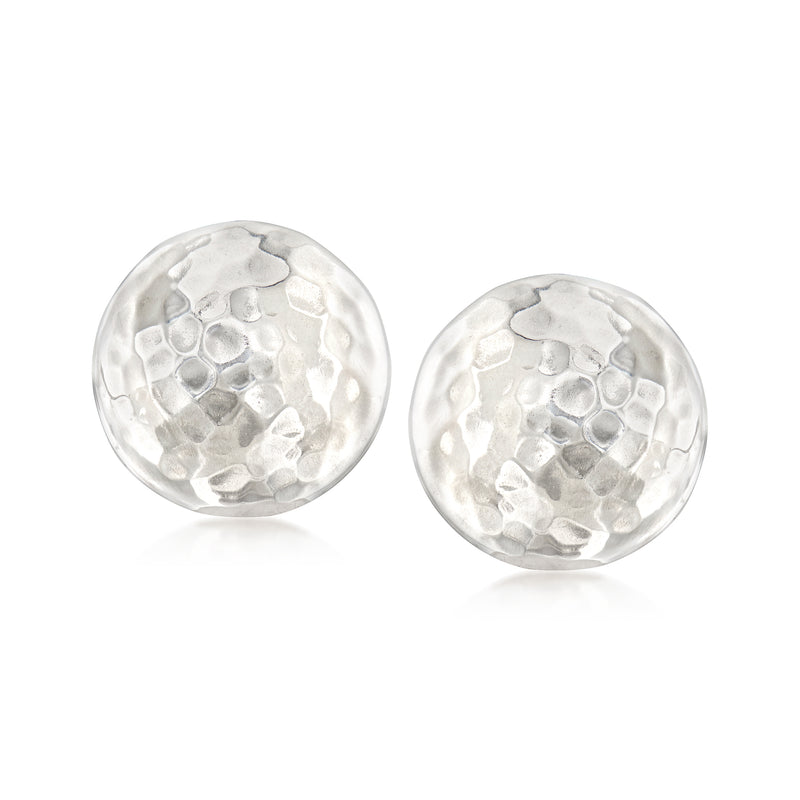 Hammered dome clip-on earrings in polished sterling silver, round textured surface