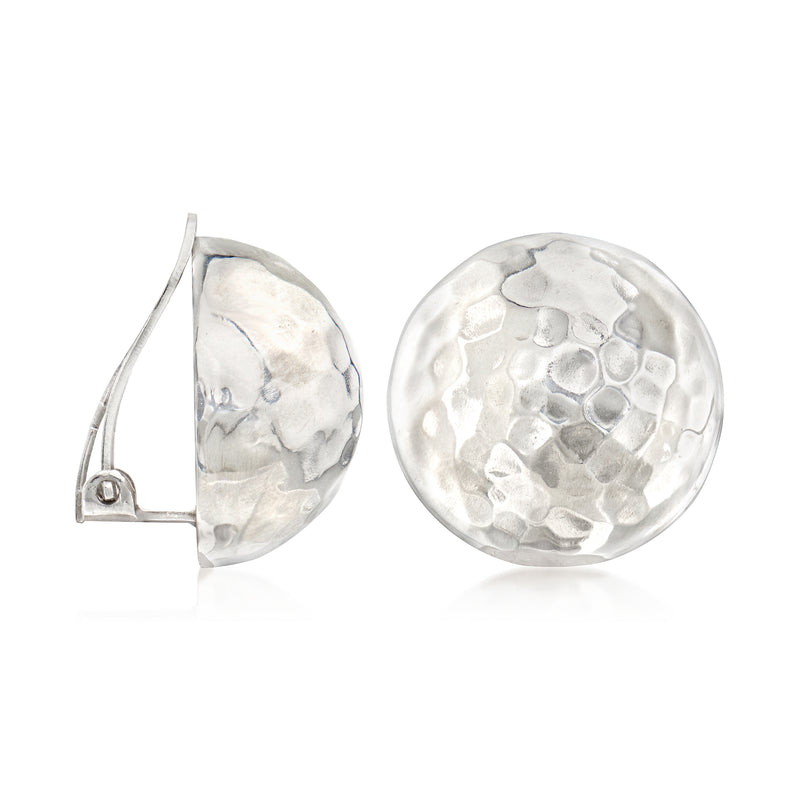 Round hammered dome sterling silver clip-on earrings with visible hinged clasp