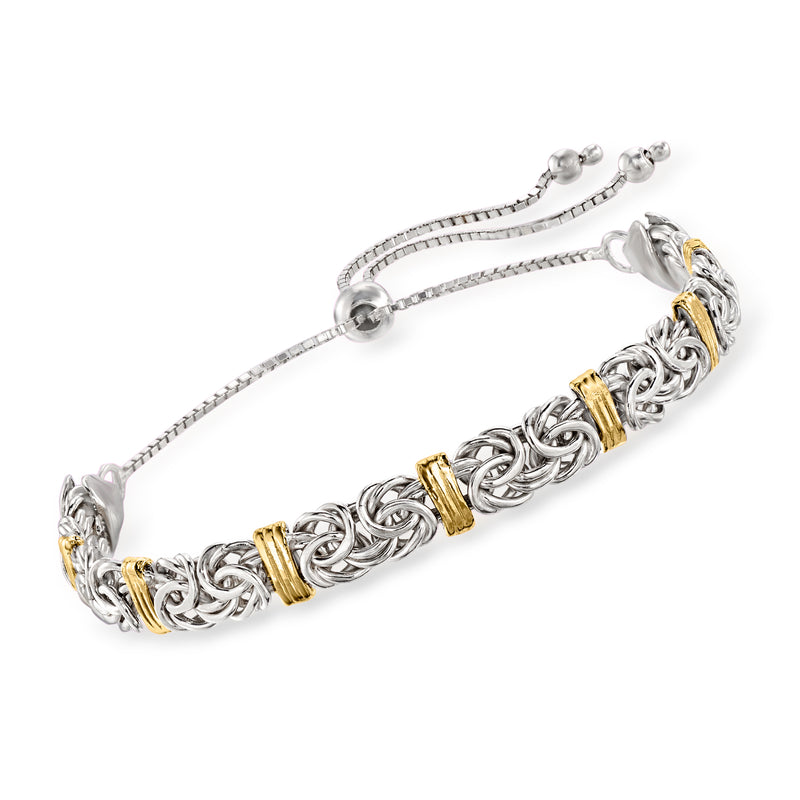 Sterling silver bolo bracelet with Byzantine chain and 14kt gold stations