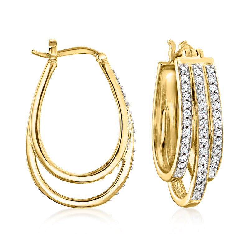 Three-row diamond hoop earrings in gold over sterling, polished, hinged