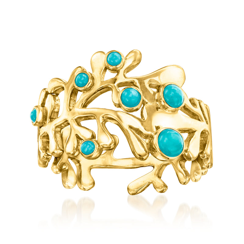 Gold-plated coral-design ring with turquoise round stones