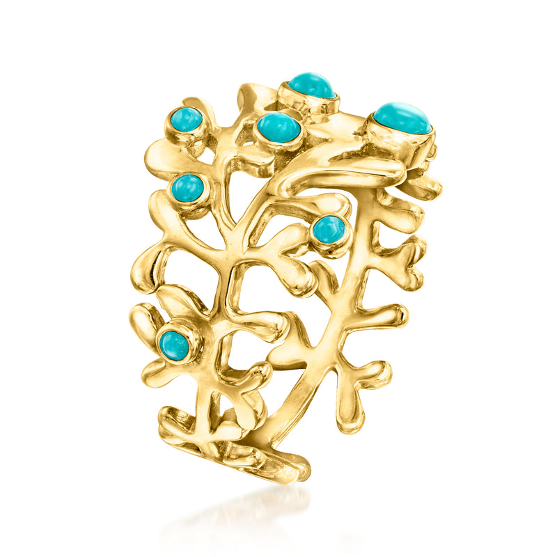 Gold-plated coral-design ring with turquoise round stones, side view