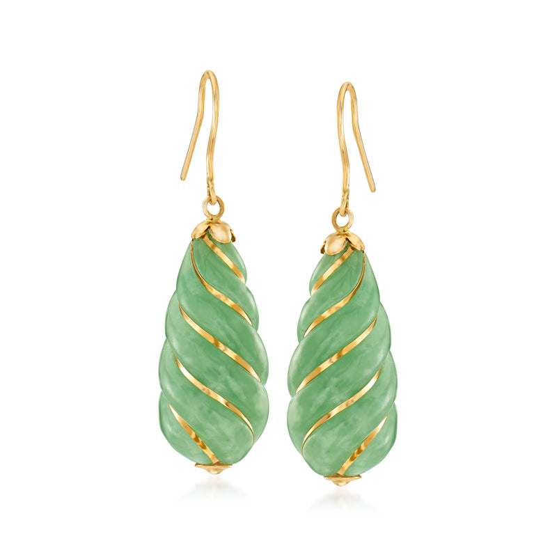 Jade drop earrings in 14kt yellow gold with green teardrop cabochon and spiral details