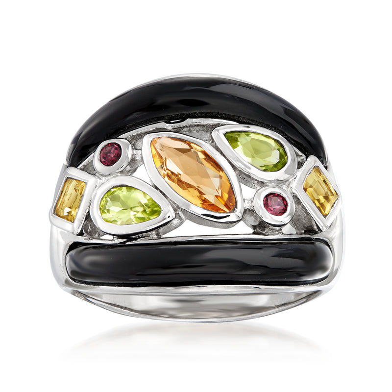Sterling silver gemstone ring with black agate top and multi-color side stones
