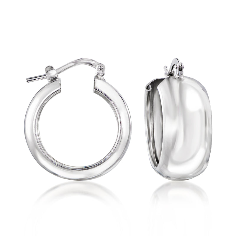 Sterling silver hoop earrings with hinged clasps, polished round hoops