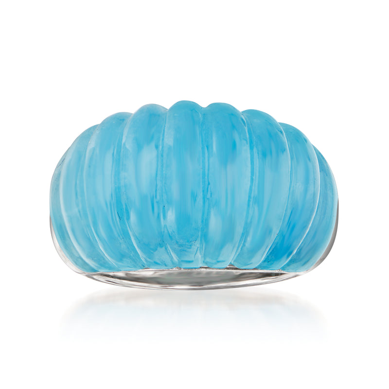 Sterling silver aquamarine gemstone dome ring with ribbed scalloped design