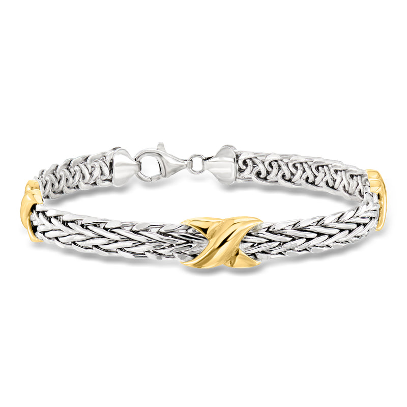 Two-tone sterling silver wheat-link station bracelet with gold X center and clasp