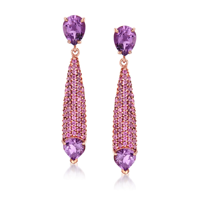 Amethyst and rhodolite garnet drop earrings in rose gold