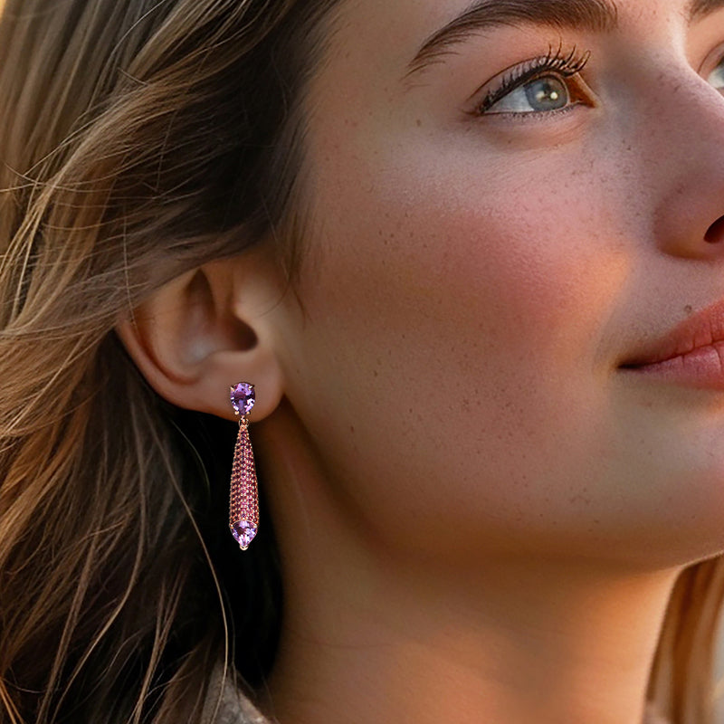Amethyst and rhodolite garnet drop earrings in rose gold