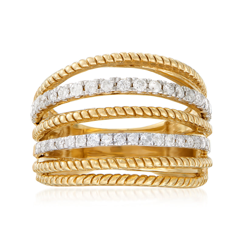 Multi-row diamond ring with textured 18kt gold over sterling and clear stones