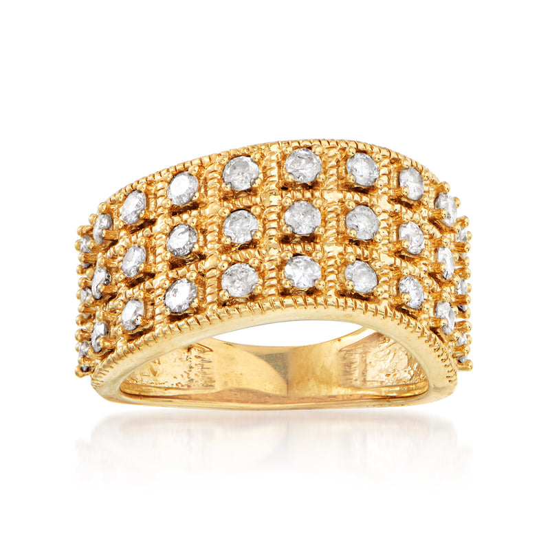 18kt gold over sterling wave ring with three rows of round diamond accents