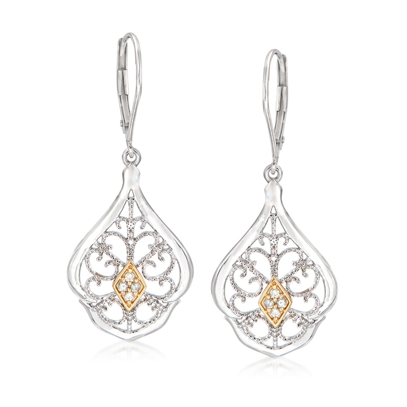 Sterling silver openwork drop earrings with teardrop filigree and yellow gold diamond center