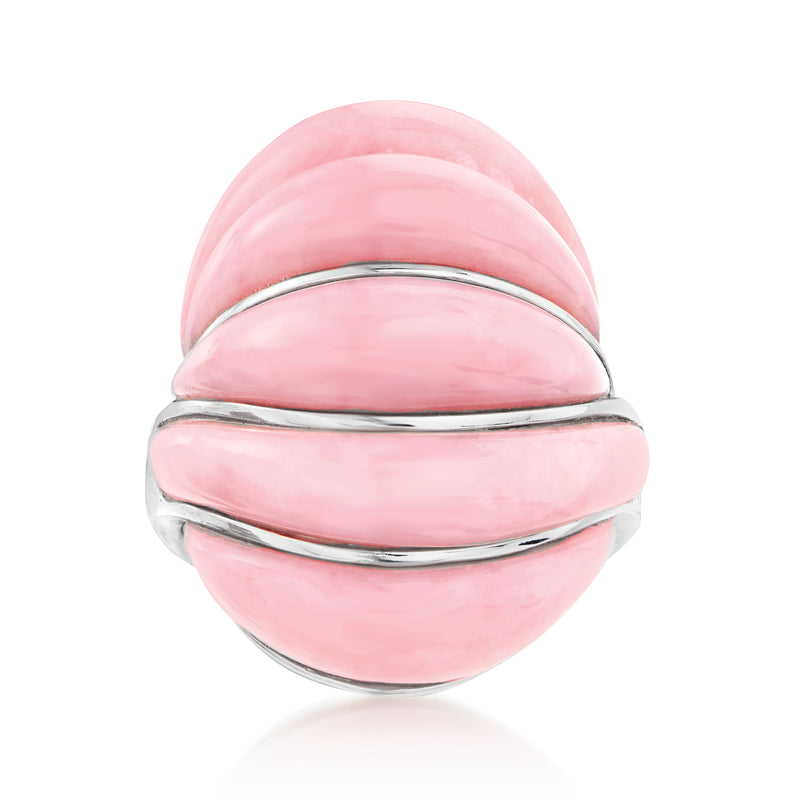 Pink oval opal cabochon ring in sterling silver with curved band accents