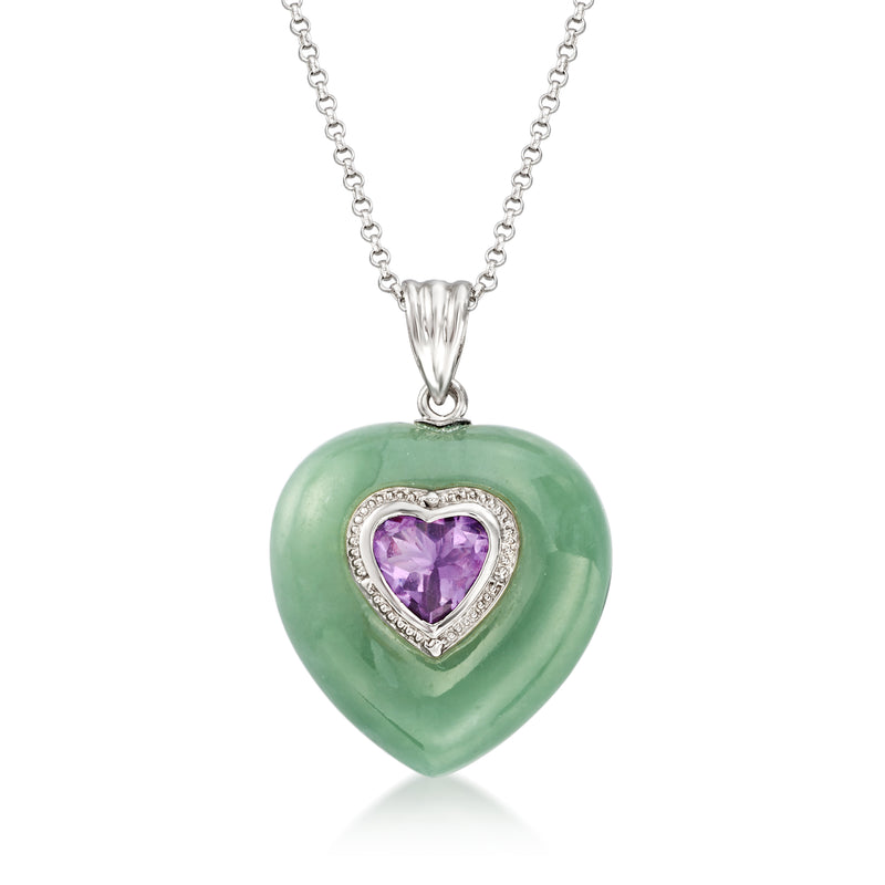 Sterling silver heart pendant necklace with green jade-like heart and purple gemstone bezel