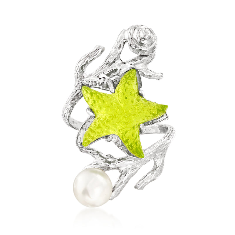 Sterling silver wrap ring with bright green starfish motif and white cultured pearl